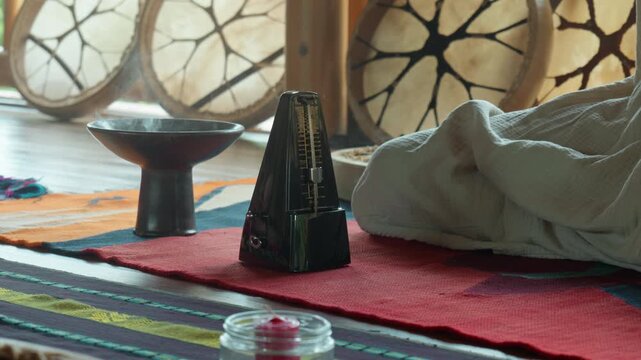 An old mechanical metronome stands on the floor counting down the rhythm.