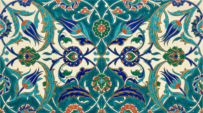 ottoman turkish ceramic tiles with traditional floral pattern featuring tulips and stylized motifs on teal background.
