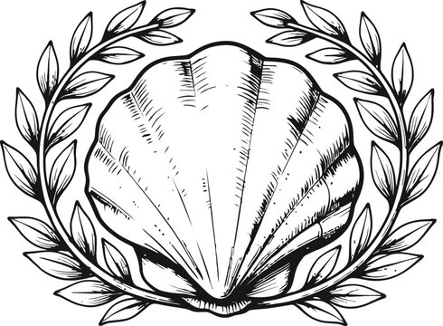Vintage scallop shell emblem with laurel wreath frame, classic nautical design illustration