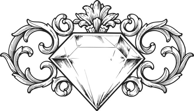 ornate vintage diamond illustration with decorative floral scrollwork frame design
