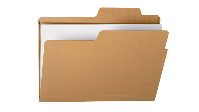 Isolated brown kraft paper file folder with documents inside for office organization
