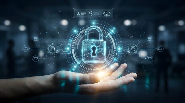 Hand supporting a glowing digital padlock surrounded by cloud security and network server icons illustrating enterprise data protection.