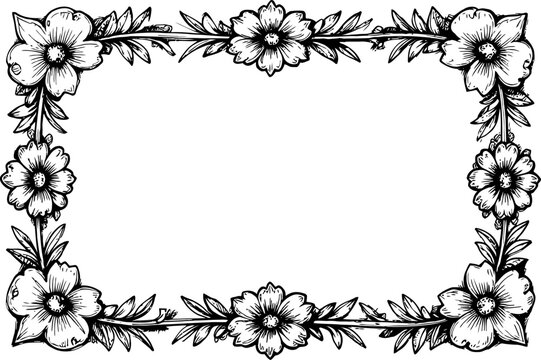 vintage floral frame border with hand drawn flowers and leaves in black and white