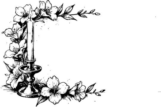Vintage floral frame with candle holder and blooming flowers, decorative corner design for invitations