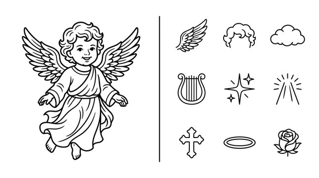 Cute Little Angel Character and Religious Icon Set Line Art