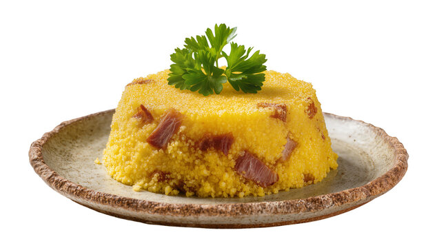 Isolated savory Cuscuz Paulista with smoked meat and fresh parsley on a rustic plate