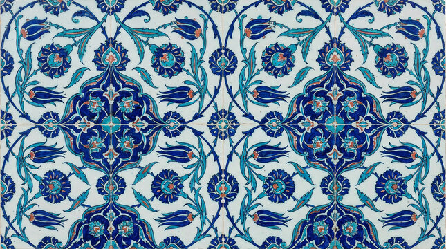 Traditional ottoman floral ceramic tile pattern in blue and white.