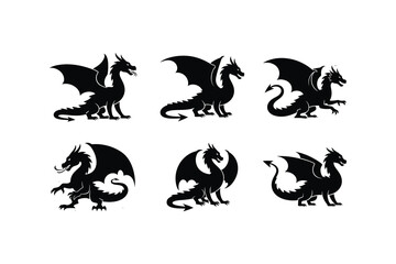 Naklejka premium Medieval Dragon Silhouettes and Mythical Beast Vector Icons