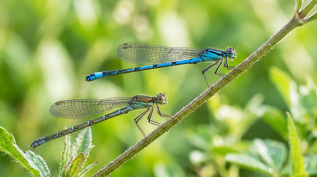 Two blue and black damselflies resting on green plant stems in nature . Ai Generated