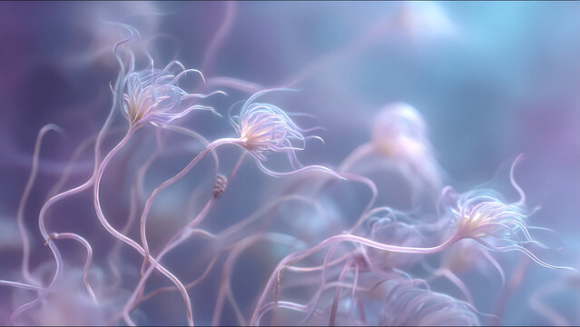 Abstract Microscopic View of Cellular Structures and Tendrils.