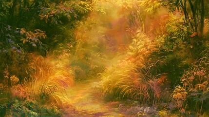 Fototapeta premium Serene watercolor path through lush foliage evokes tranquil wonder and a dreamlike golden landscape