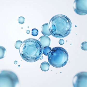 Transparent blue water bubbles and spheres floating in liquid, abstract background