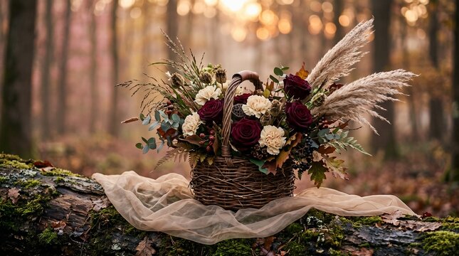 Elegant autumn floral centerpiece with dark burgundy roses and pampas grass in a vine basket on a mossy log for rustic fall wedding celebration