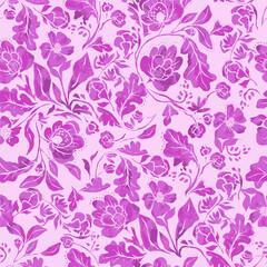 Obraz premium Ornate floral pattern in vibrant magenta watercolor washes on a soft pink background ideal for textile design