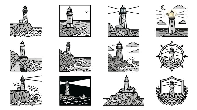 Artistic lighthouse illustrations in various graphic styles.