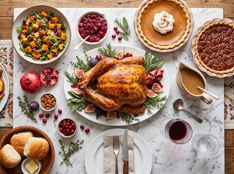 Thanksgiving feast overhead view with roasted turkey pies sides and autumnal garnishes