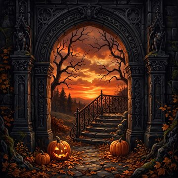 Gothic archway leads to a spooky landscape with pumpkins and a fiery sunset