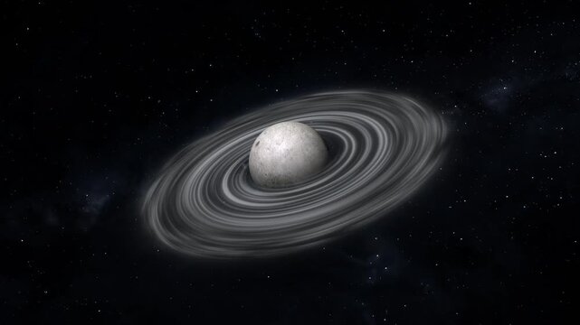 A majestic ringed planet floats peacefully in space. Dynamic details define this ringed planet in a cosmic expanse. Explore the beauty of this ringed planet.