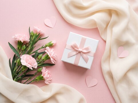 Pink carnations gift box and hearts on a pastel pink background celebration concept