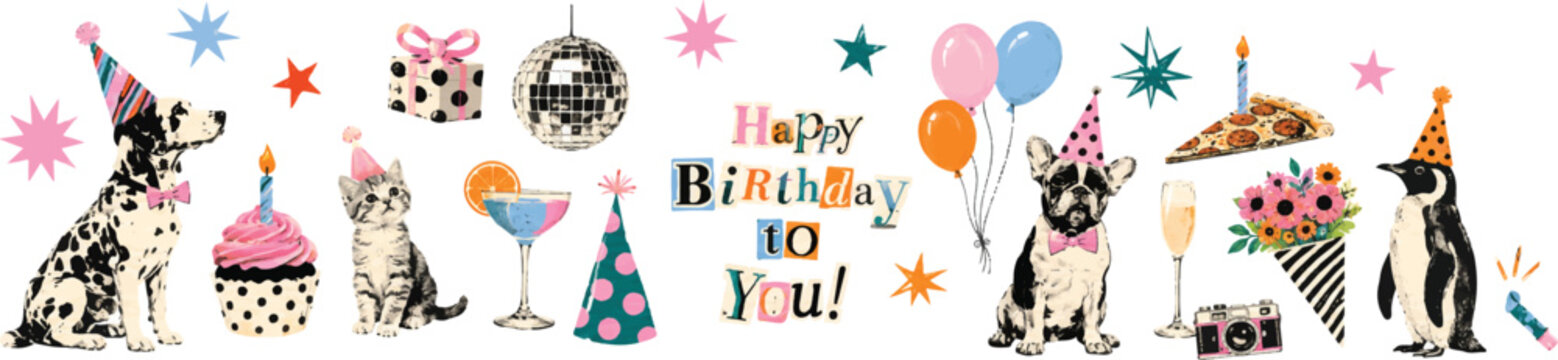 Happy birthday halftone art collage cut outs set. Fun stickers with vintage dot texture and doodles, animals wearing party hats, champagne, cheers and cake Modern retro mixed media vector illustration