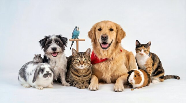 Golden Retriever With Red Bandana Blue Parakeet on Perch Black and White Dog Gray and White Rabbit With Hamster Tabby Cat Tortoiseshell Cat and Tri Color Guinea Pig on White Background