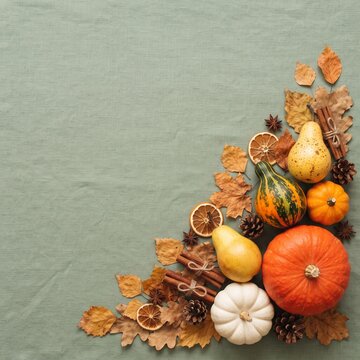 Autumn harvest arrangement with pumpkins pears and dried leaves on a muted green background