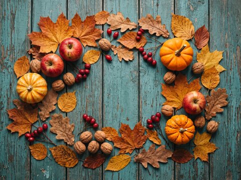 Autumn wreath of colorful leaves apples pumpkins and nuts on rustic blue wood