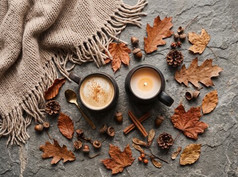 Autumn still life with coffee candle leaves and acorns on a gray stone surface