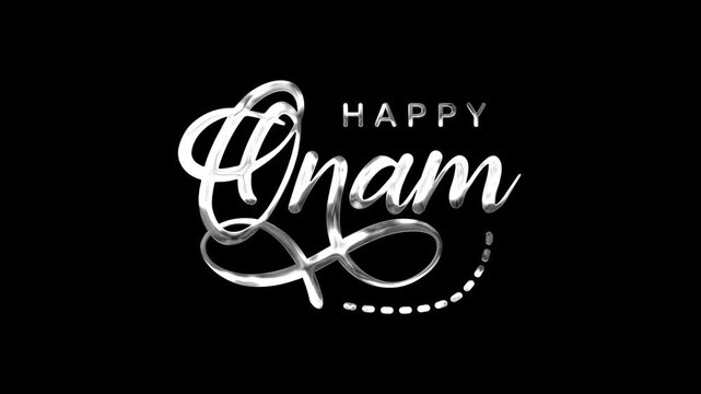 Happy onam text in silver animation suitable for greeting cards, posters, social media posts, and invitations for onam celebrations.