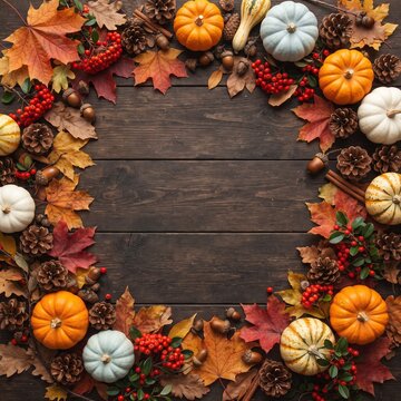 Autumn wreath of pumpkins gourds leaves pinecones and berries on dark wood