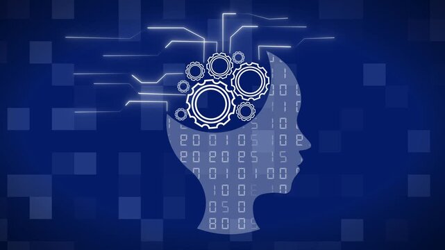 Observe this detailed human head silhouette with inner circuitry. Connections light up across the human head silhouette. High tech style defines the human head silhouette.