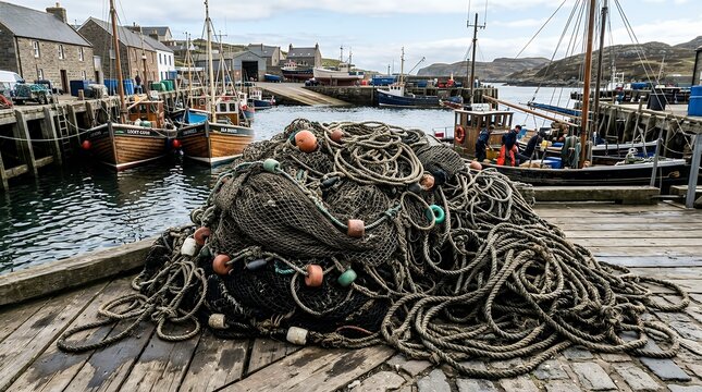 Traditional coiled fishing nets and weathered ropes piled near the waterfront harbor showcasing maritime industry equipment and coastal working environment with authentic texture and rustic