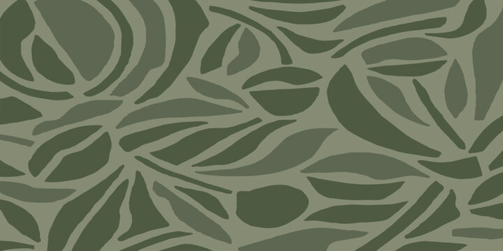Seamless pattern of abstract green leaves, botanical organic shapes camouflage vector illustration