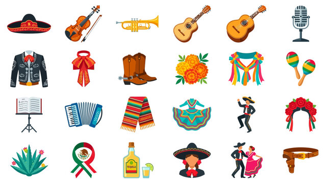 Traditional Latin Folk Music Icons Collection with Musical Instruments and Culture Elements