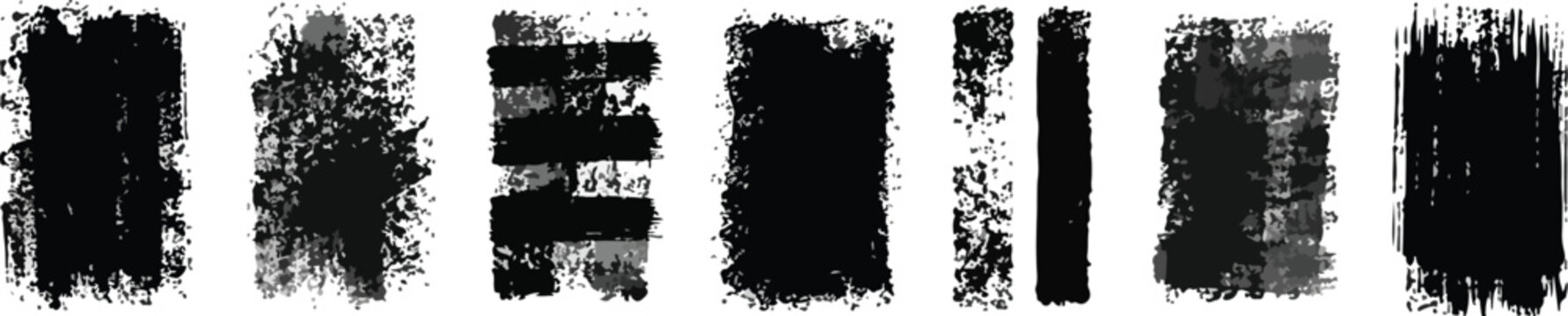 Set of grunge rolled ink stamp textures handmade with brayer. Letterpress vintage rough irregular rectangle vertical backgrounds Linocut relief printing shapes vector illustration transparent backdrop