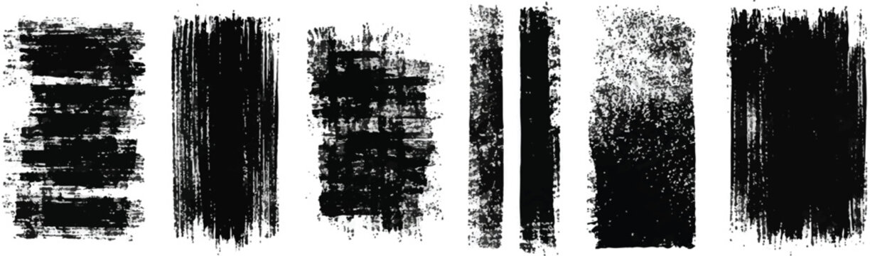 Set of grunge rolled ink stamp textures handmade with brayer. Letterpress vintage rough irregular rectangle vertical backgrounds Linocut relief printing shapes vector illustration transparent backdrop