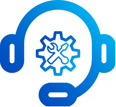 illustration of a blue gradient service technical icon with a headphone icon on a white background. Customer service icon representing customer support, help desk, call center, live chat, and communic