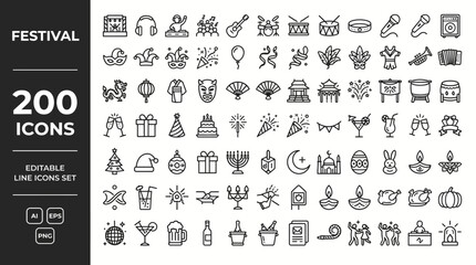 Comprehensive Set of 200 Editable Festival and Celebration Line Icons for Party Planning, Holiday Events, and Cultural Traditions © Samadhi