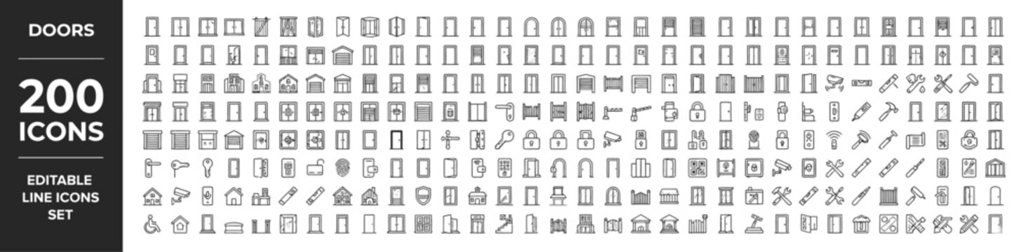 Extensive collection of modern line vector icons depicting various door styles, entryways, and access points for architectural design, user interface, and security concepts