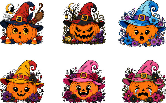Cute Halloween pumpkins with witch hats and floral decorations cartoon