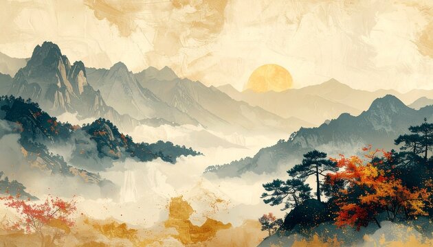 Fantastical Japanese mountain ranges and pine trees, autumn foliage, and washi-style art background materials accented with gold leaf