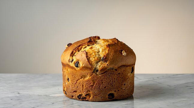 A single panettone, a traditional Italian sweet bread, sits on a marble surface against a plain background, showcasing its golden-brown crust and dried fruit.