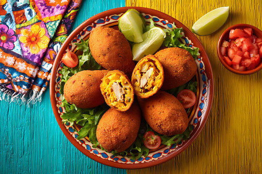 Traditional Brazilian halal acaraj&eacute; crispy black eyed pea fritters stuffed with seasoned chicken and fresh lime wedges
