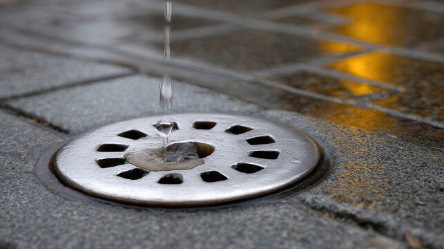 Rainwater dripping into a metal storm drain on stone pavement