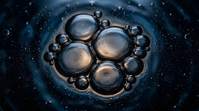 Macro liquid bubbles on dark background | Abstract fluid texture with blue highlights | Oily bubble cluster macro photography | Artistic water surface reflection