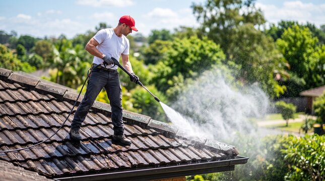 Man cleaning residential house roof with high pressure washer. Worker using water spray cleaner for maintenance of tiled shingles.