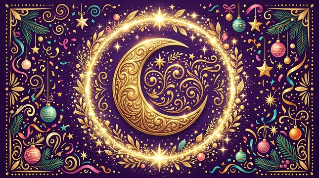 gilded numerals representing the upcoming annual milestone within an illuminated encircled arrangement set against a violet-toned celebratory card featuring freeform illustrative elements and