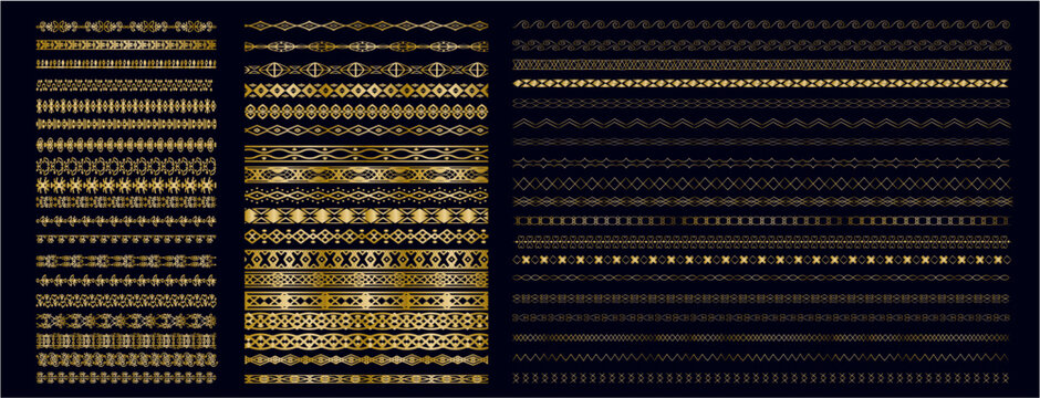 Gold Ornamental Border and Divider Line Vector Set, Luxury Seamless Pattern Collection for Wedding and Certificate Design