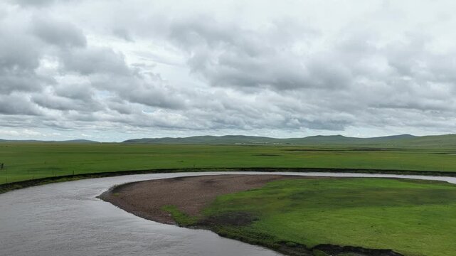 Aerial drone view of Hulunbuir grassland landscape in Inner Mongolia