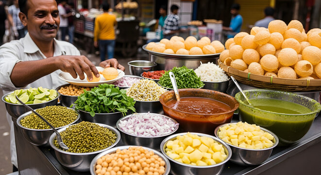 Street vendor prepares traditional Indian pani puri snacks at a bustling outdoor market stall.